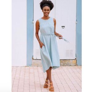 Magic Linen Nida Dress Dusty Blue Asymmetric Hem Sleeveless Braided Belt Medium